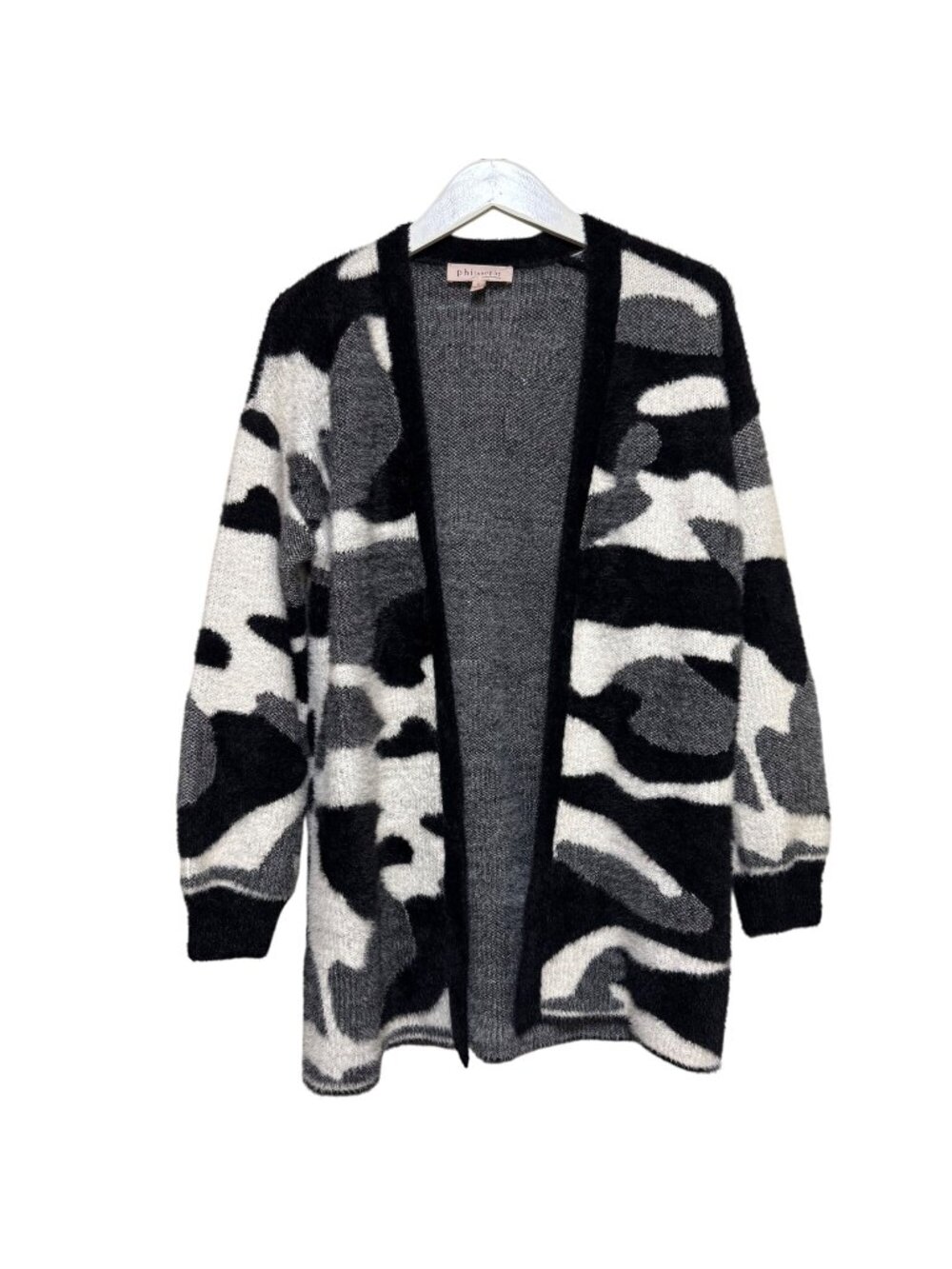Philosophy Women’s Black White Gray Cardigan Long Open Front Soft Cozy Size S